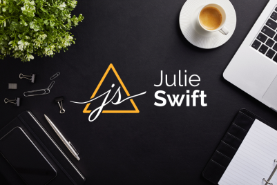 Desk with Julie Swift Logo